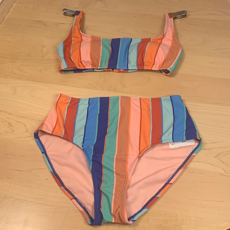 Nwt Gibson Latimer High Waist Vertical Stripe Bikini Size Small. Cross Cross Adjustable Bandeau Top With Removable Cup Pads 15” Pit To Pit Un Stretched. High Waist, Full Coverage Bottoms 12” Height From Crotch Seem. Beautiful Bathing Suit! Fitted Striped Color Block Swimwear, Retro Color Block Swimwear For Swimming, Fitted Orange Swimwear For Poolside, Orange Lined Swimwear For Swimming, Orange Lined Swimwear, Fitted Orange Swimwear For Swimming, Fitted Orange Tankini For Poolside, Orange Color Block Swimwear For Vacation, Vibrant Orange Swimwear For Swimming