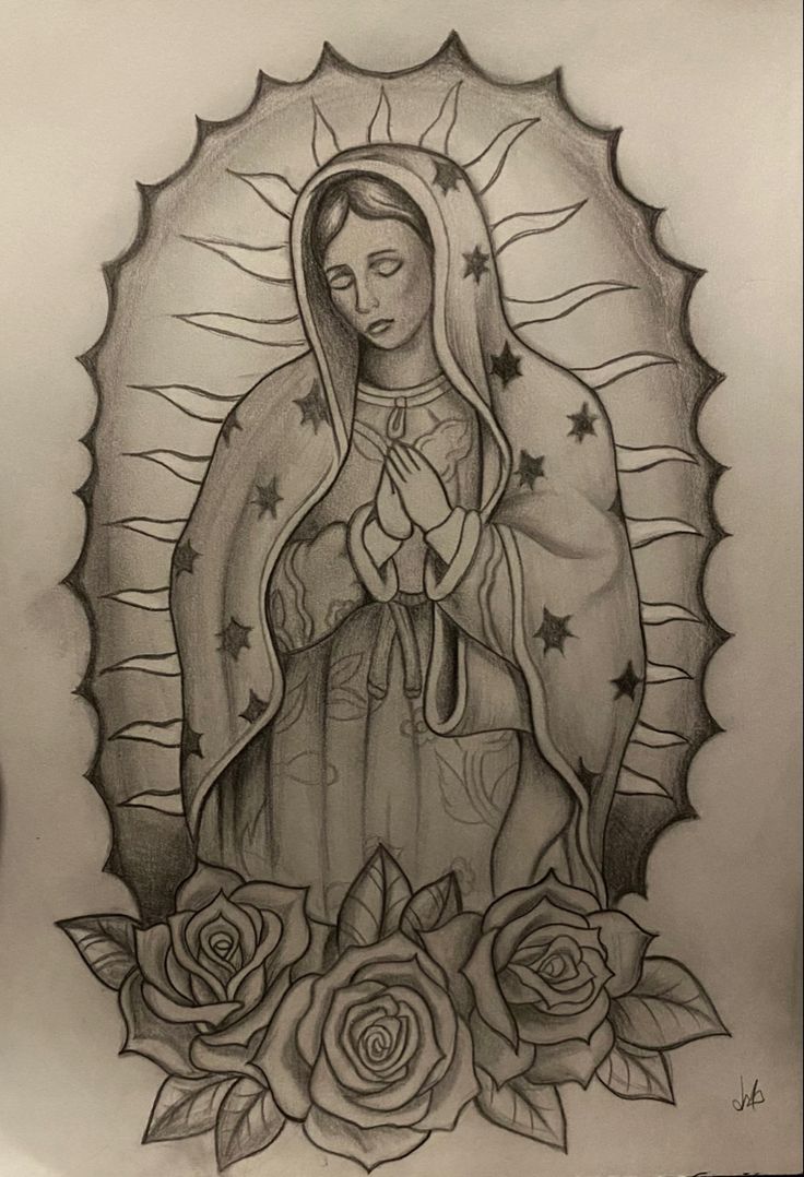 a drawing of the virgin mary with roses