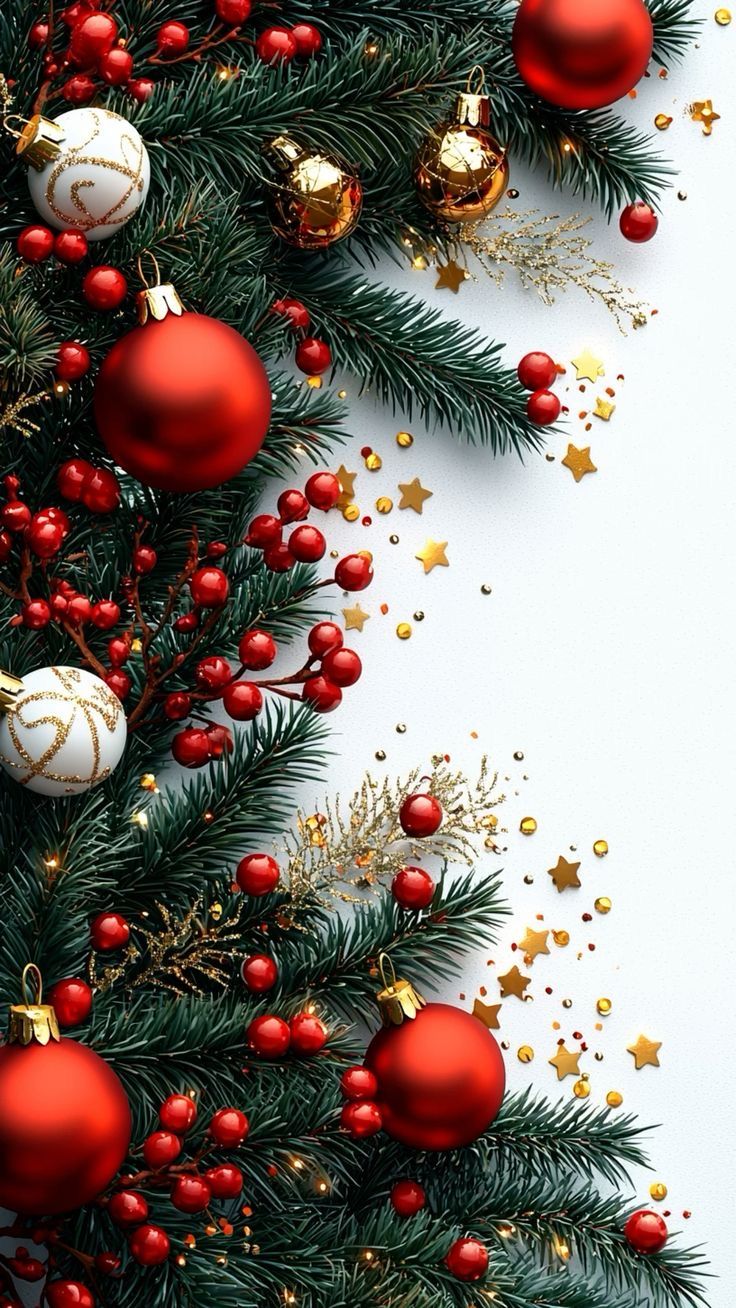 christmas tree with red and white ornaments on it's branches against a white background