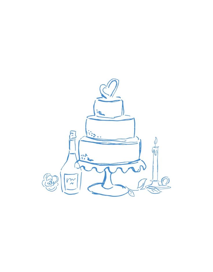 a drawing of a wedding cake on a table with candles and wine bottles next to it