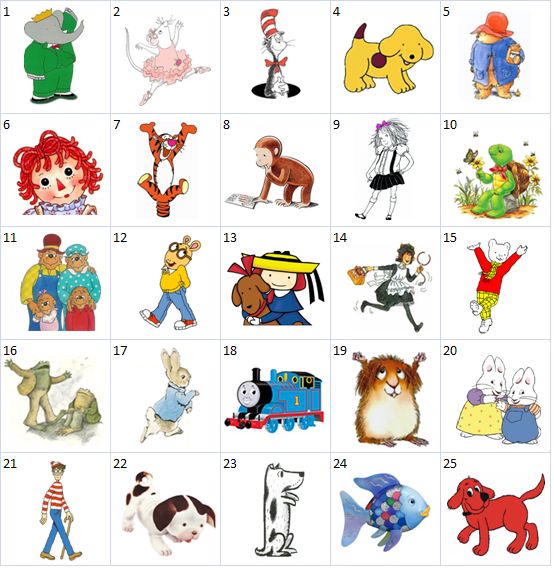 an image of children's cartoon characters with numbers and pictures on them, all in different colors