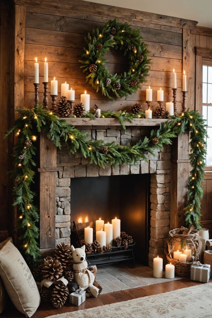 a fireplace decorated with candles and wreaths