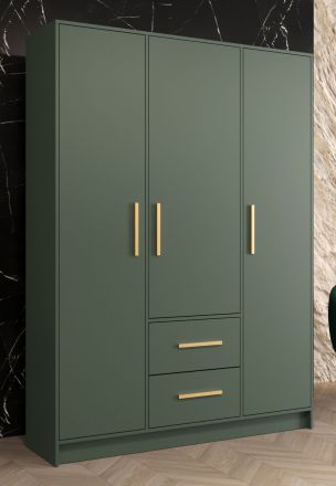 a green armoire with gold handles in a room