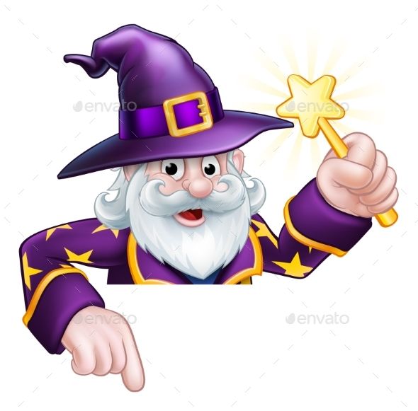 a wizard holding a magic wand pointing at a sign and pointing to it - people characters