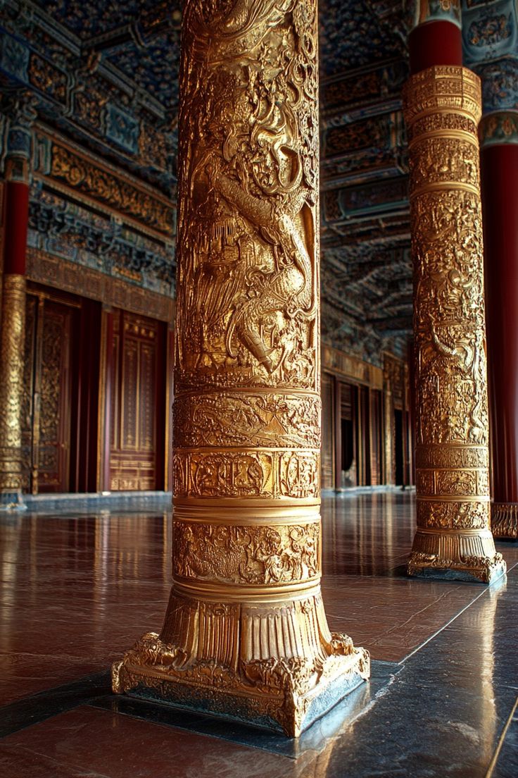 an ornate gold pillar in the middle of a room