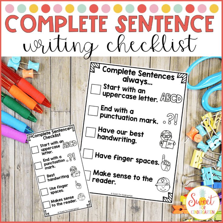 the complete sentence writing checklist is shown with markers and crayons on it