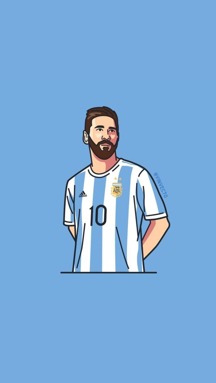 a drawing of a man with a beard wearing a striped shirt and standing in front of a blue background