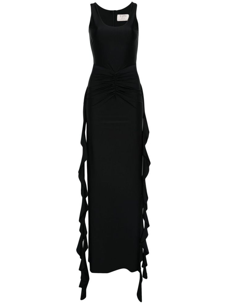 black stretch-design crepe texture concealed rear zip fastening round neck ruched detailing draped strap detailing sleeveless fitted waistline side slits long length straight hem Black Ruched Maxi Dress In Elastane, Maxi Length Dress With Ruched Back, Sleeveless Maxi Dress With Ruched Back For Evening, Sleeveless Ruched Maxi Dress For Dinner, Draped Maxi Dress With Ruched Back For Cocktail, Elegant Sleeveless Maxi Dress With Ruched Sides, Cocktail Maxi Dress With Draped Ruched Back, Formal Maxi Dress With Ruched Sides, Cocktail Maxi Dress With Ruched Back