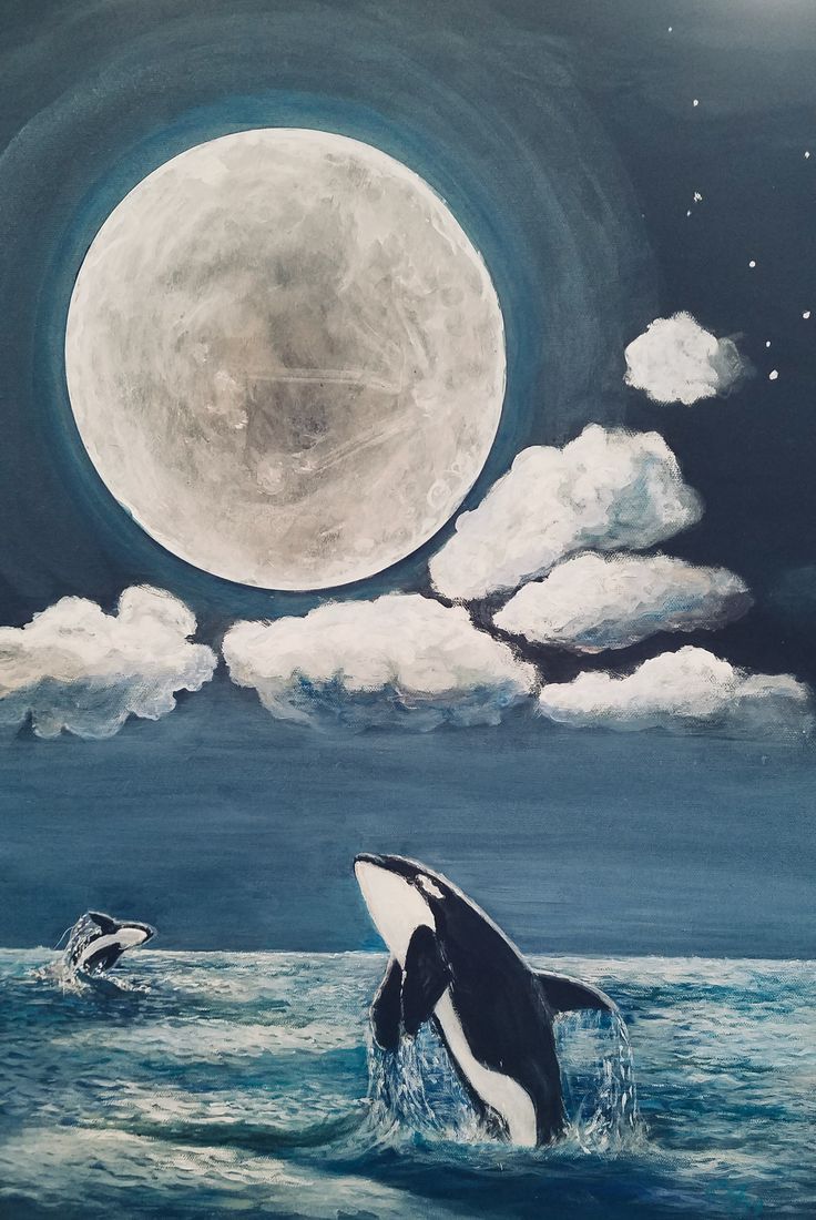 a painting of two orca whales jumping out of the water in front of a full moon