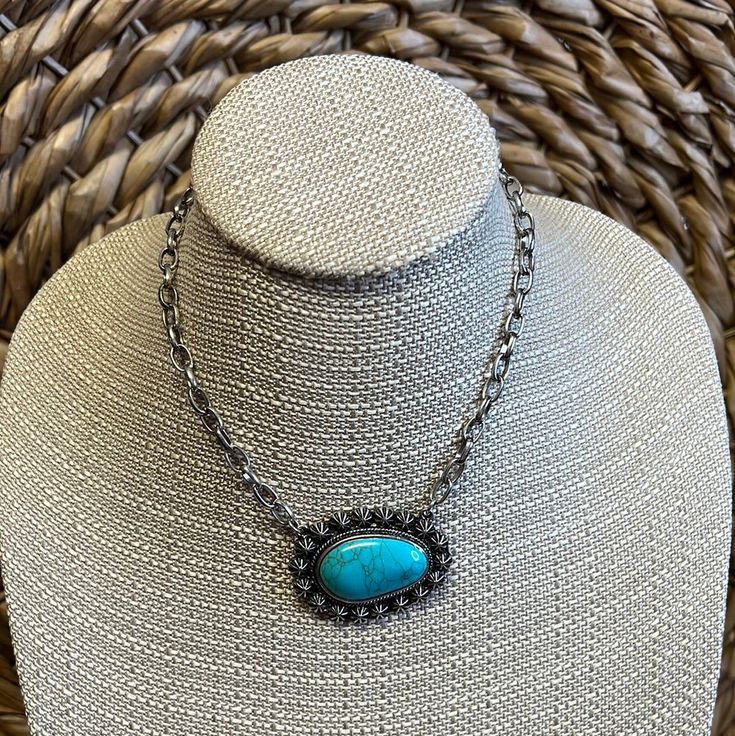 Turquoise stone necklace with matching silver earrings. Nickel-free Turquoise Pendant Necklace, Blue Oxidized Finish Jewelry, Southwestern Turquoise Necklace With Oval Pendant, Southwestern Turquoise Oval Pendant Necklace, Southwestern Style Turquoise Oval Pendant Necklace, Turquoise Metal Necklace With Adjustable Chain, Turquoise Necklace With Adjustable Metal Chain, Silver Howlite Jewelry With Natural Stones, Nickel-free Turquoise Costume Jewelry