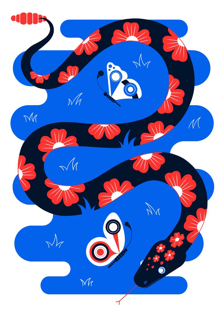 a blue snake with red flowers on it