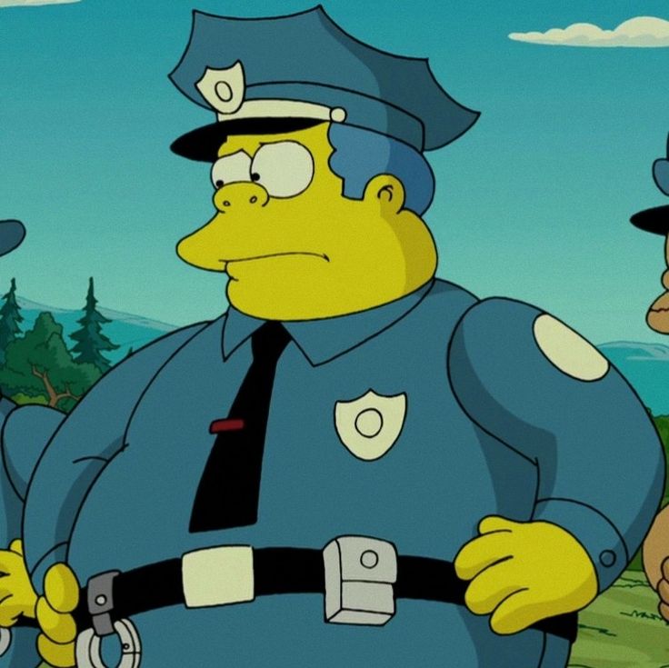 the simpsons police man is standing in front of two other people wearing blue and black uniforms