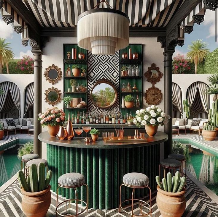 an artistic rendering of a bar with potted cacti and succulents