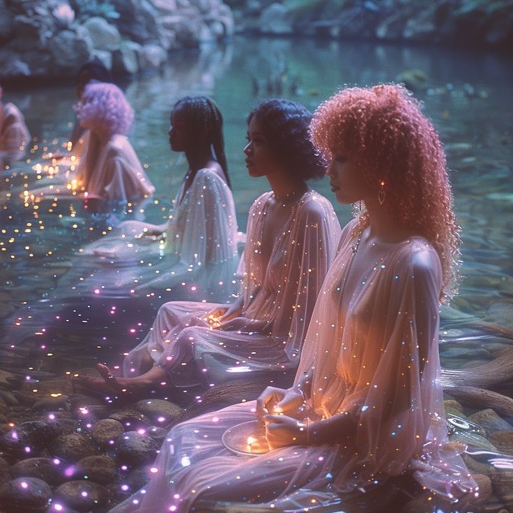 four women sitting in the water with lights on their bodies and hair, all dressed in white