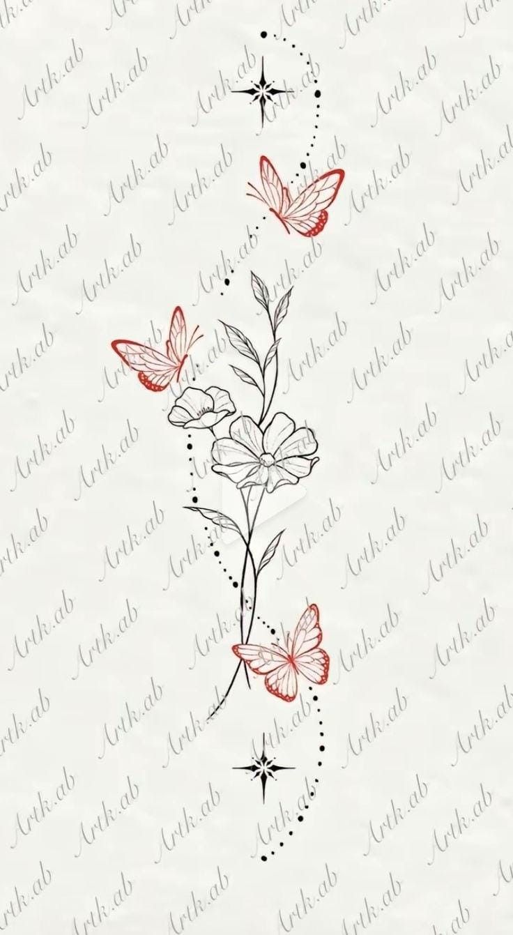 some red butterflies are flying around on the white paper with black and red writing that says,