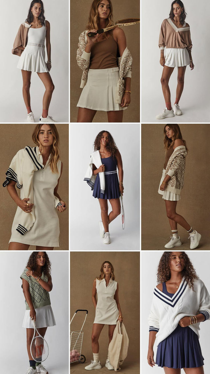 many different photos of women in tennis outfits and shoes, all wearing skirts or dresses