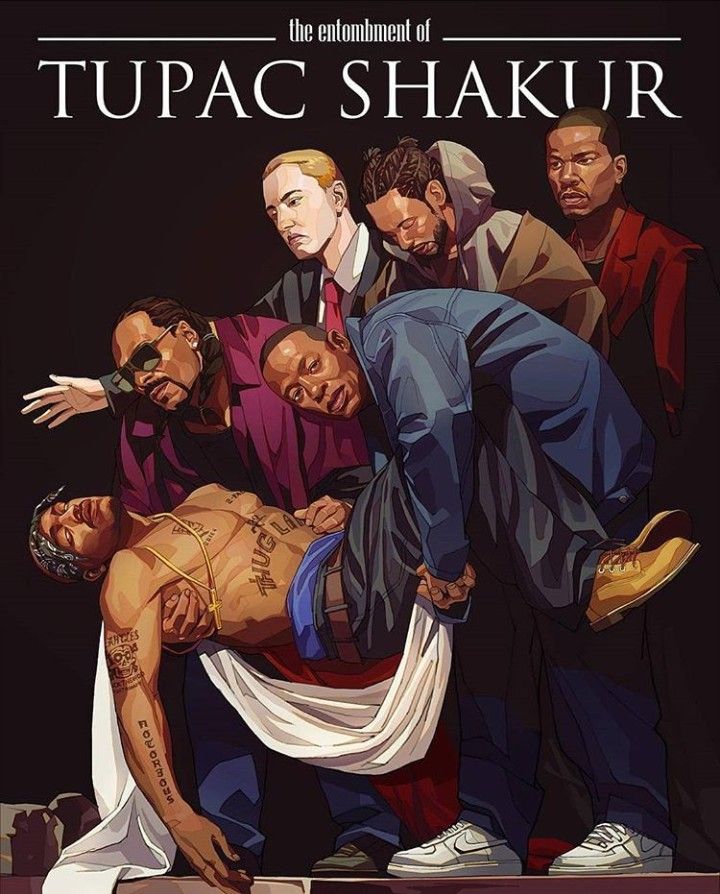 the poster for tupac shakirr is shown in black and white, with several men around him