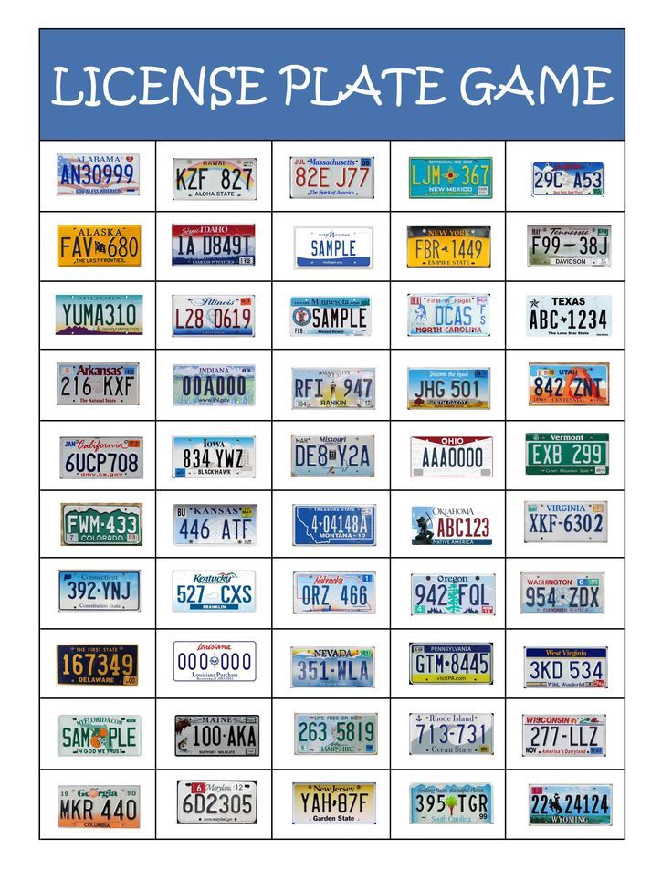 license plates are shown in blue and white with the words license plate game on them