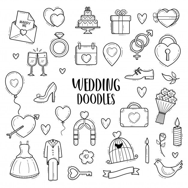 wedding doodles are arranged in the shape of a circle with hearts and other items