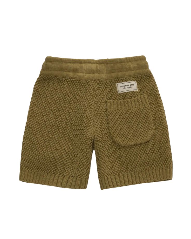 Olive knit shorts with embroidered art work knitted underpants that you can make yourself Casual Knit Bottoms With Pockets, Spring Knit Bottoms, Spring Knit Bottoms Of Short Length, Knit Shorts With Elastic Waistband, Spring Knit Shorts, Casual Knit Shorts, Beige Knit Shorts, Summer Short Length Knit Bottoms, Summer Knit Bottoms Short Length