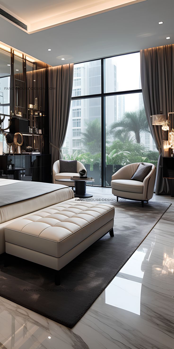 a modern bedroom with large windows and white furniture in the room, along with a marble floor