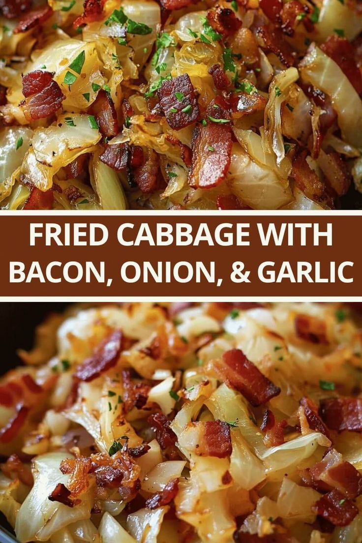 bacon, onions and garlic in a skillet with the words fried cabbage with bacon, onion