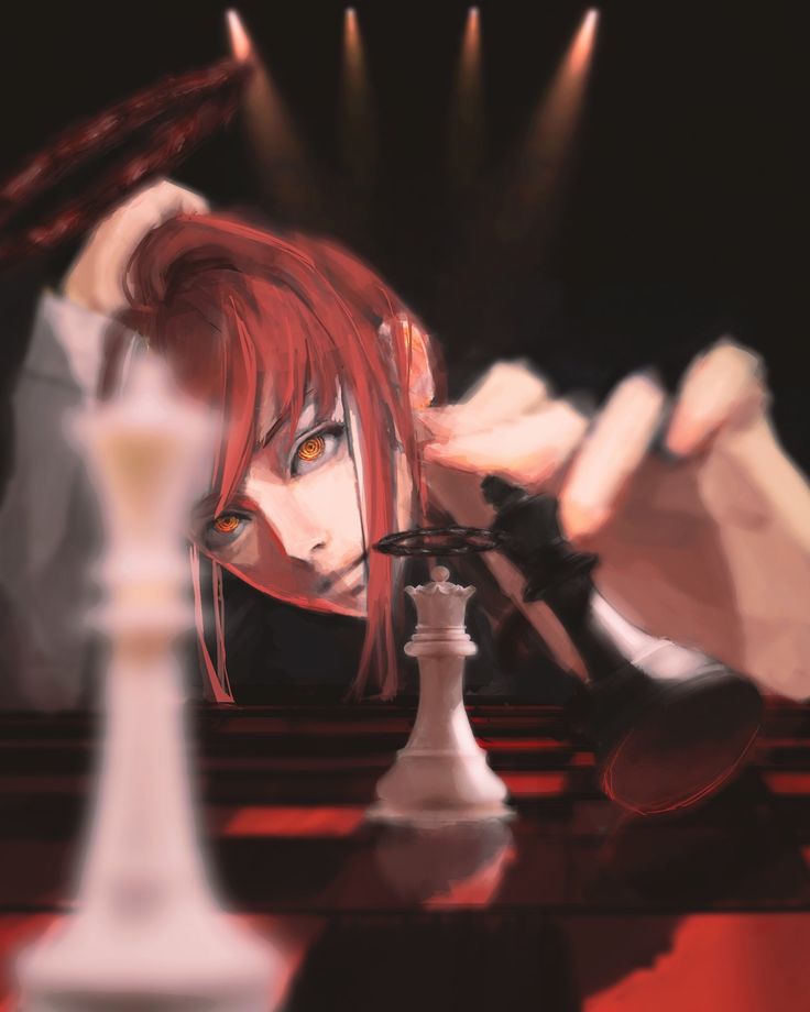 a woman with red hair playing chess