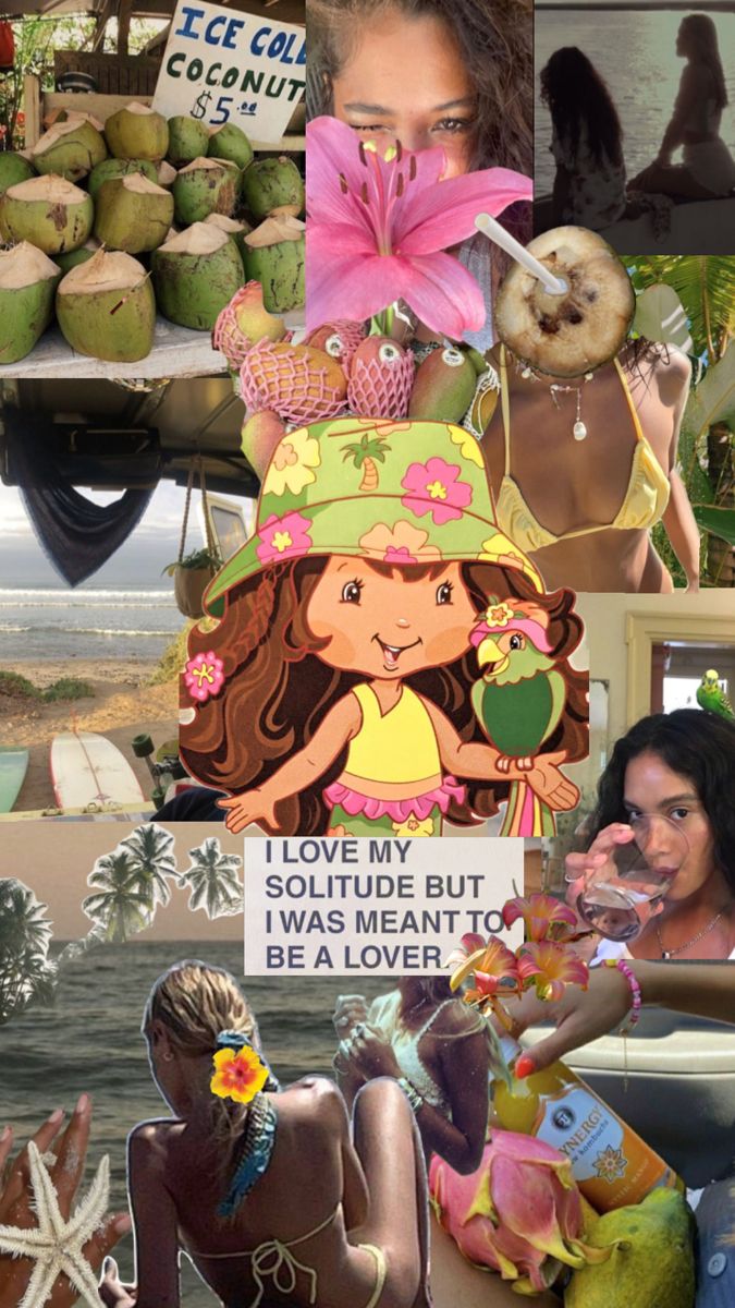 a collage of pictures with women and coconuts in the background, including an image of a woman wearing a hat