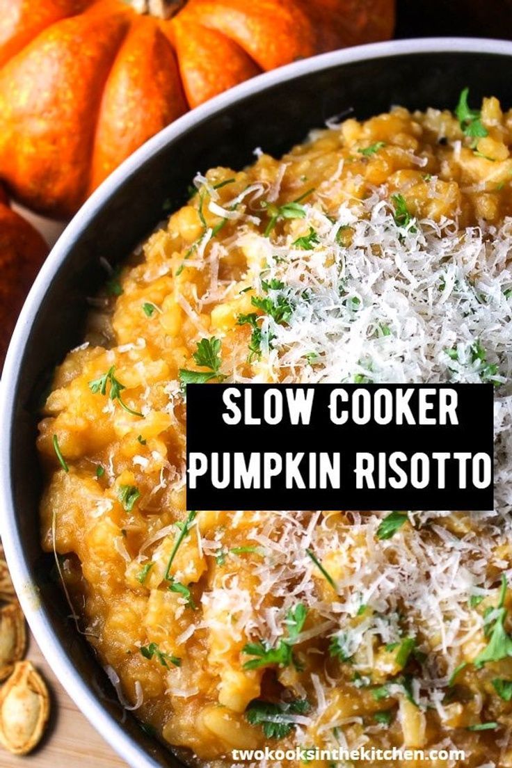 slow cooker pumpkin risotto with parmesan cheese on top in a skillet