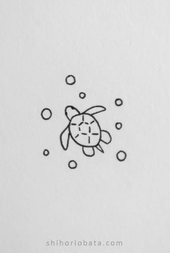 a drawing of a turtle swimming in the water with bubbles on it's back