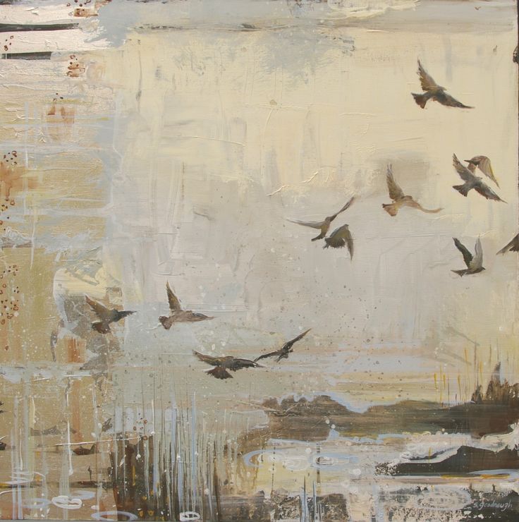 a painting with birds flying in the sky