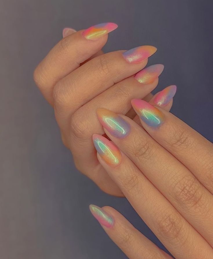 Watercolor Dip Nails, Iridescent Nail Art Designs, Chrome Nails Designs Spring, Jelly Bean Nails, Gel X Chrome Nails, Pride Nails Subtle, Blue And Chrome Nails, Cute Bday Nails, Jelly Chrome Nails