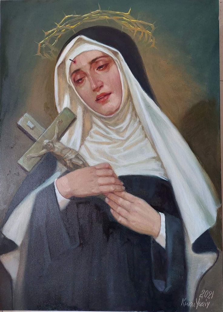 a painting of a woman holding a cross