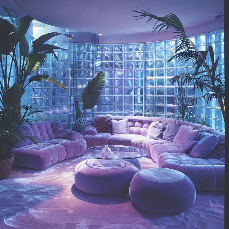 a living room filled with lots of purple furniture