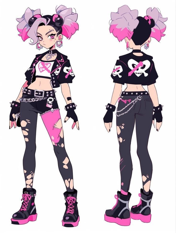 an anime character with pink hair and black clothes, wearing punk goth clothing while standing next to each other