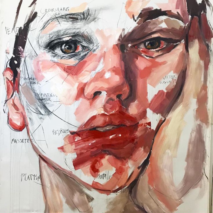 a painting of a woman's face with words all over it