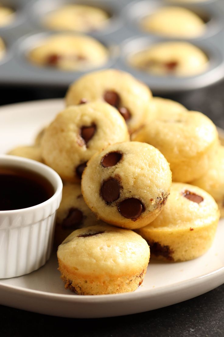 chocolate chip muffins on a plate next to a cup of coffee