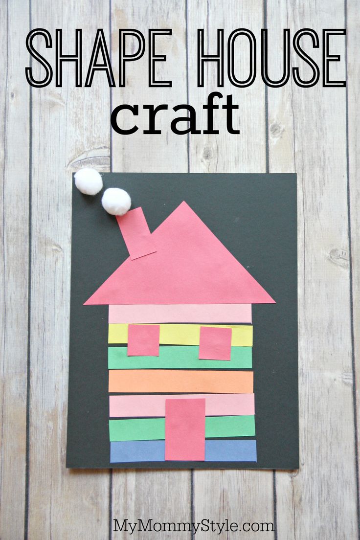 a paper house made out of colored construction paper with the words shape house craft on it