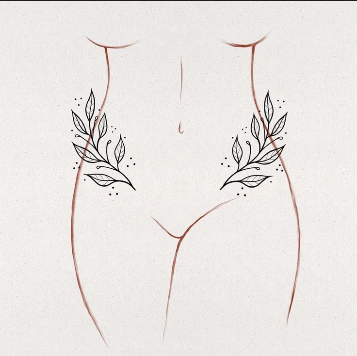 a drawing of a woman's breast with leaves on it