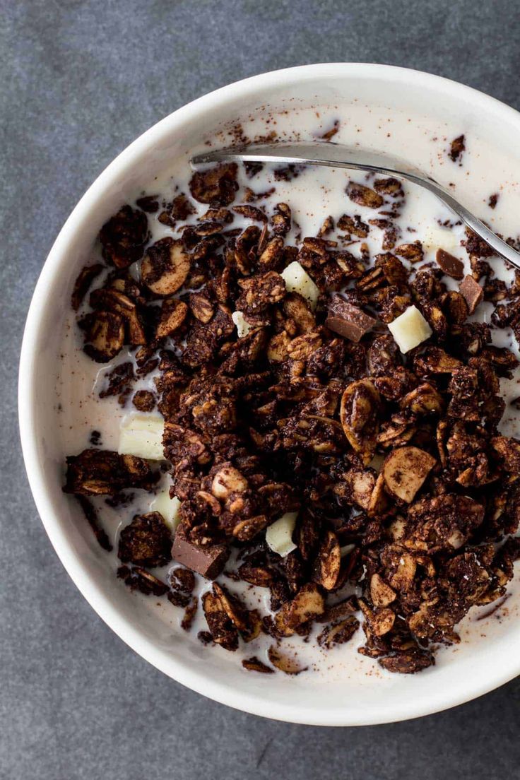 a white bowl filled with granola and chocolate chips on top of a gray surface