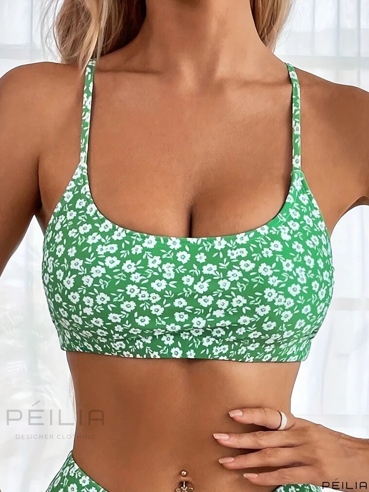 Peilia - Elegant Floral Print High Waist Bikini Set: Scoop Neck, Spaghetti Strap, Stretchy Swimsuits - Ideal Swimwear and Clothing for Women Green Swimwear With Built-in Bra And Spaghetti Straps, Summer Bra Friendly Camisole Swimwear, Summer Cami Swimwear With Adjustable Straps, Spring Camisole Swimwear With Built-in Bra, Green Sleeveless Seamless Swimwear, Spring Camisole Swimwear With Stretch, Green Camisole For Summer, Green Swimwear With Spaghetti Straps And Built-in Bra, Beach Swimwear With Adjustable Straps In Camisole Style