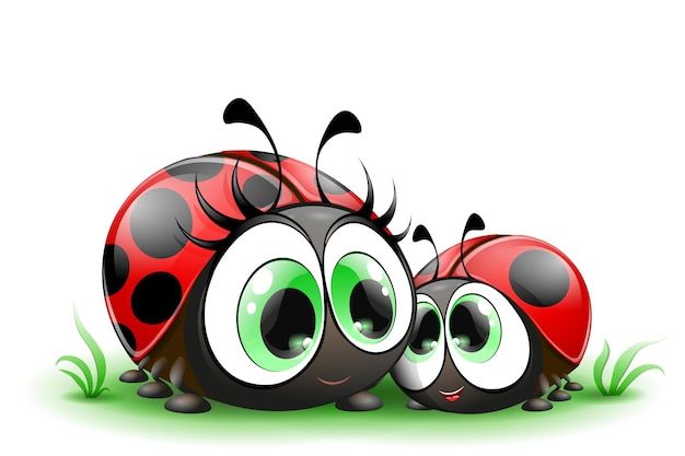 three cute ladybugs with big eyes laying on the ground, one looking at the camera