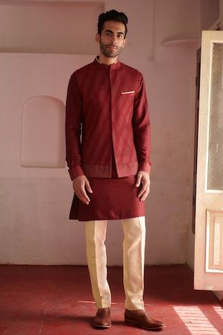 Maroon cotton silk bundi with thread embroidery. - Aza Fashions Nehru Jacket, Nehru Jackets, Thread Embroidery, Embroidered Silk, Mandarin Collar, Cotton Silk, Aza Fashion, Thread, Silk