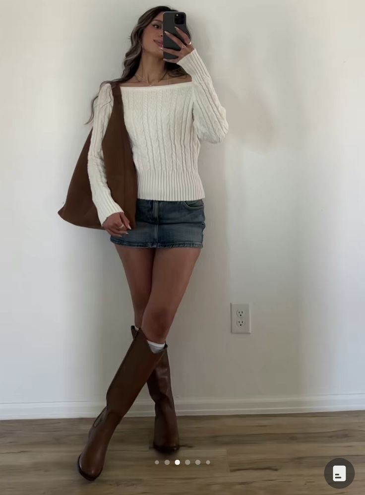 Skirt Sweater And Boots Outfit, Boots Fall 2024 Outfit, Fall Mini Skirt Outfits With Boots, Sweater Skirt And Boots Outfit, Fall Outfit Mini Skirt, Fall Frye Boots Outfits, Denim Skirt Mini Outfit, Fall Outfit Denim Skirt, Demin Mini Skirt Outfits