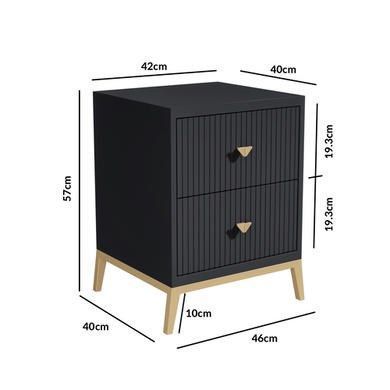 an image of a night stand with two drawers and measurements for each drawer, including the height