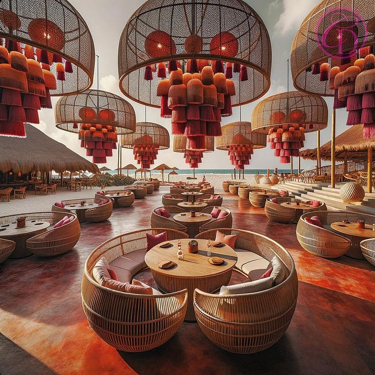 an outdoor seating area with lots of wicker chairs and lamps hanging from the ceiling