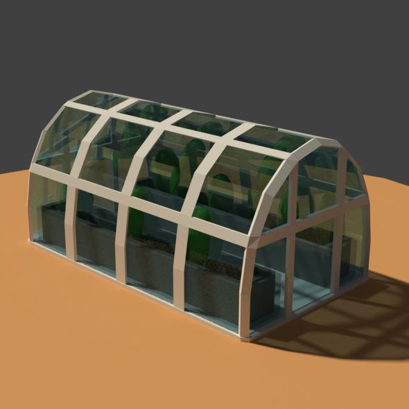 a green house with several windows sitting on top of a sandy surface in the desert