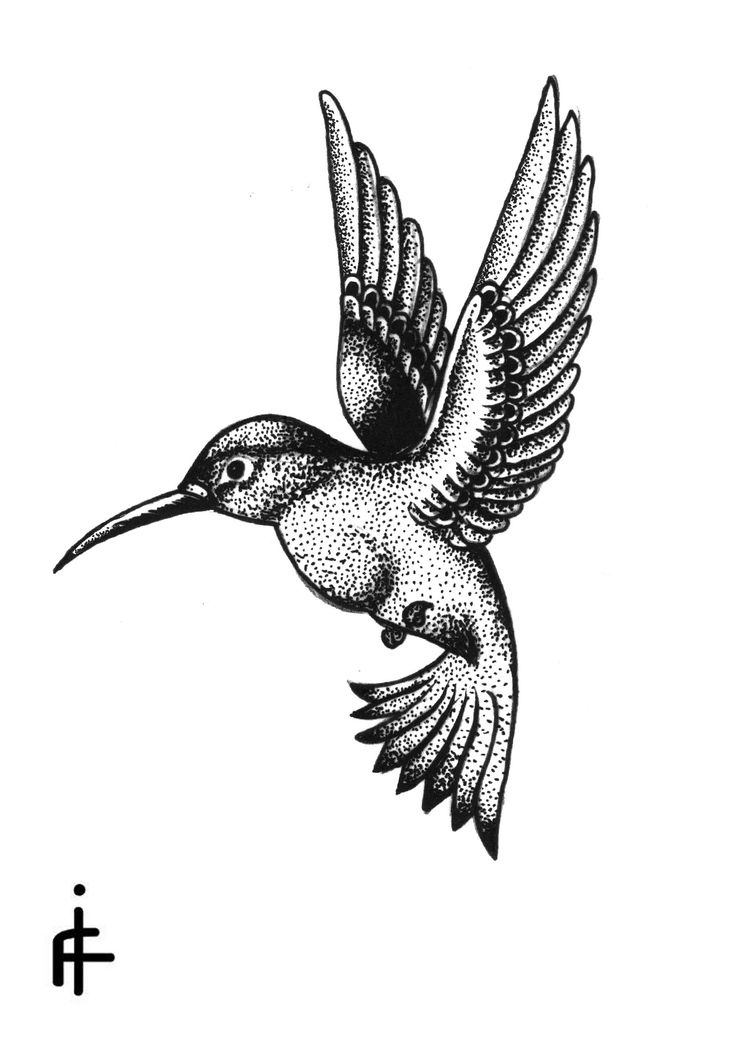 a black and white drawing of a hummingbird flying with the letter i in it's beak