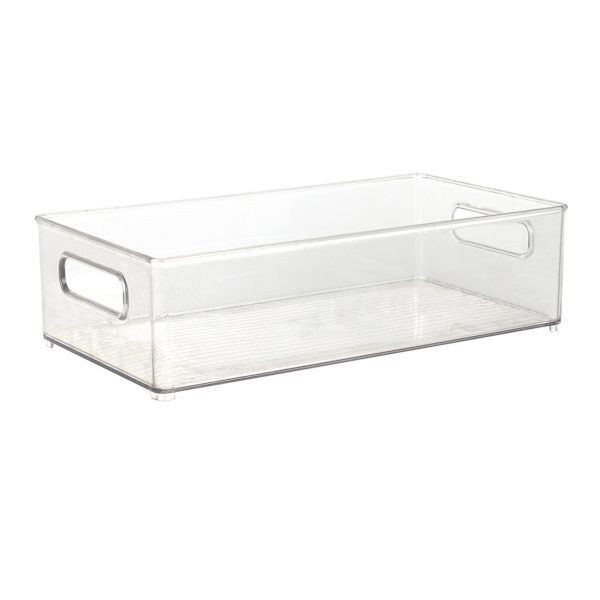 a clear plastic container with handles on the top and bottom, sitting on a white surface