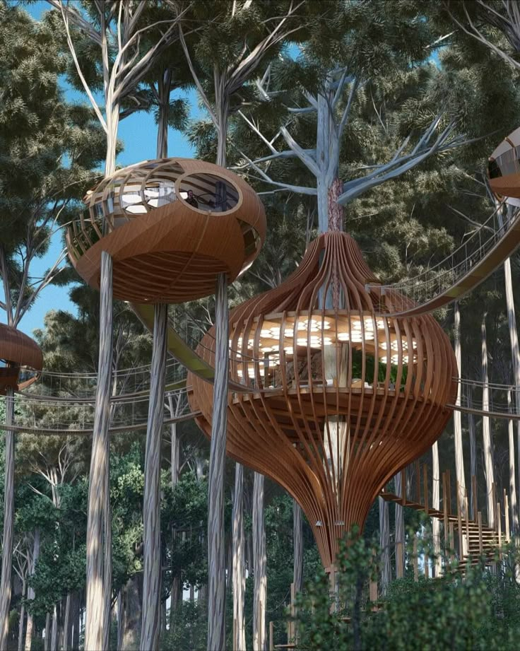 an artist's rendering of a tree house in the middle of a forest filled with trees